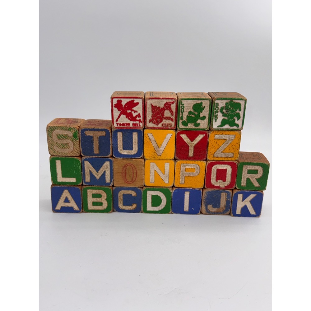 21 Vintage Wooden Alphabet Pictorial Blocks Disney‎ Characters 1.8 Inch Nursery